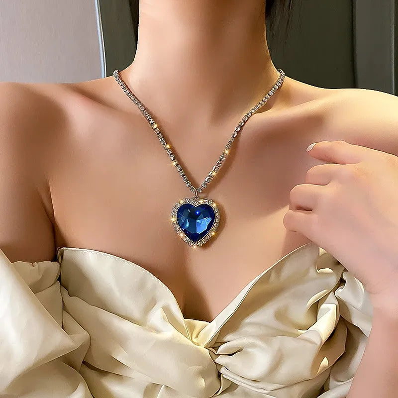Blue Rhinestone Titanic Heart of the Ocean Pendant Big Love Crystal Heart Necklace